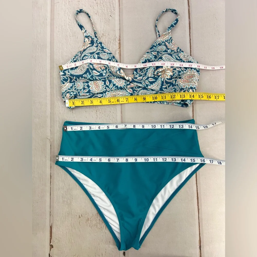NWT High Waist Adjustable Strap Turquoise &‎ Orange Paisley Bikini SIZE LARGE